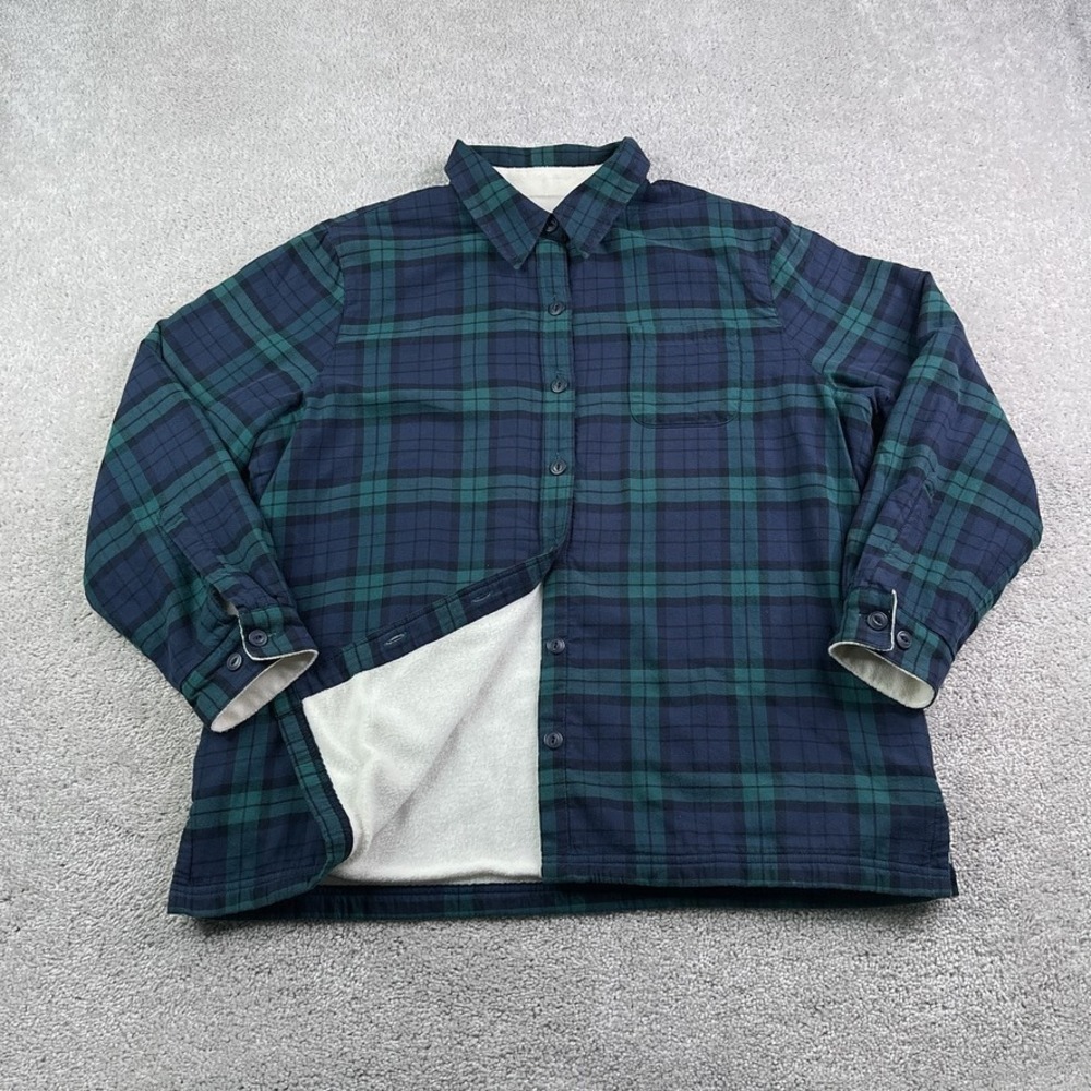 LL Bean Shirt Jacket Womens Large Petite Blue Plaid Flannel Fleece Lined Shacket